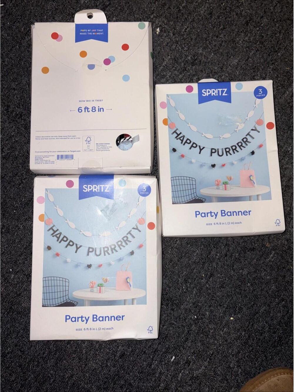 Spritz Happy Purrrrty Party Banner Multicolor Paper 6 ft 8 3 pack